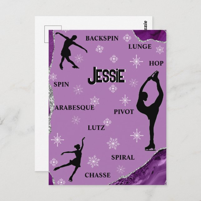 Figure Skating Snowflake Purple Marble Silver Glam Postcard (Front/Back)