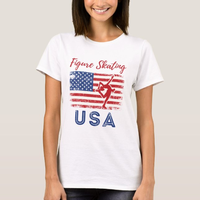 Figure Skating USA American Flag Ice Skater T-Shirt (Front)
