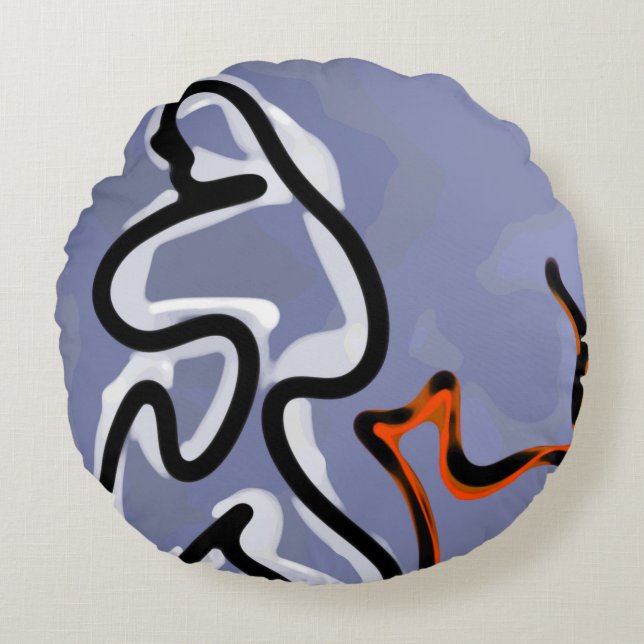 Figure with Feline: Abstract Blue, Orange, B & W Round Cushion (Front)