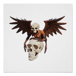 Figure with Skull, Wings, and Orange Patterns Poster