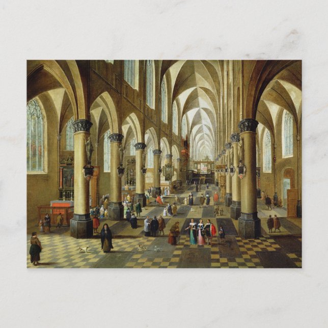 Figures gathered in a Church Interior Postcard (Front)