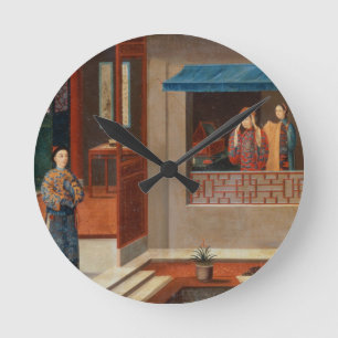 Figures in a dressing room interior round clock