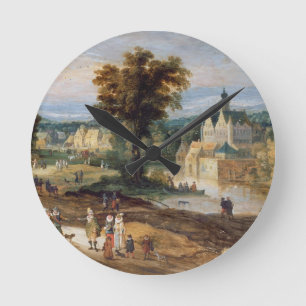 Figures in a landscape with village and castle bey round clock