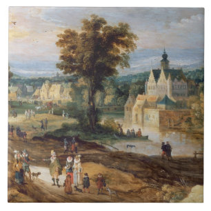 Figures in a landscape with village and castle bey tile