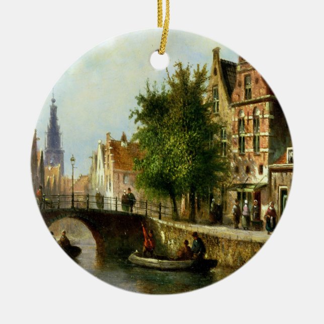 Figures on a Canal, Amsterdam (oil on panel) Ceramic Ornament (Front)