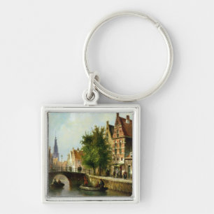Figures on a Canal, Amsterdam (oil on panel) Key Ring