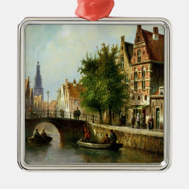 Figures on a Canal, Amsterdam (oil on panel) Metal Ornament (Front)