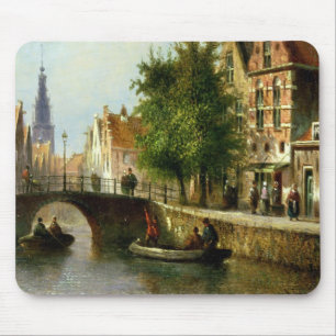 Figures on a Canal, Amsterdam (oil on panel) Mouse Pad