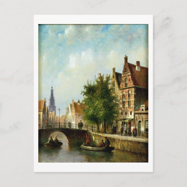 Figures on a Canal, Amsterdam (oil on panel) Postcard (Front)