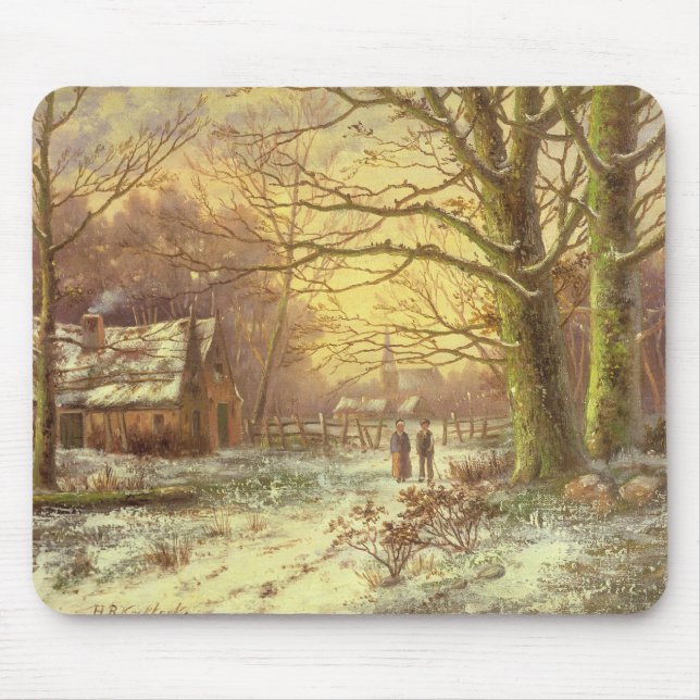 Figures on a path before a village in winter mouse pad (Front)