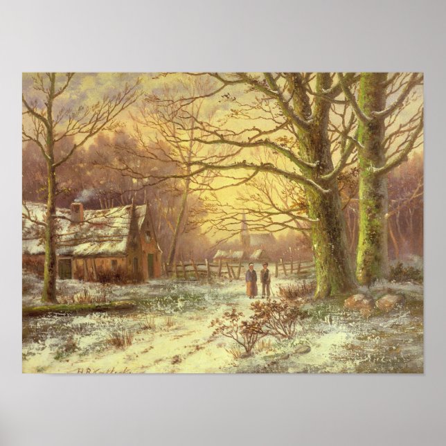 Figures on a path before a village in winter poster (Front)