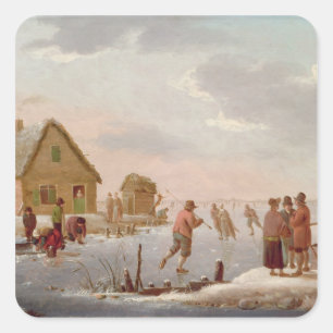 Figures Skating in a Winter Landscape Square Sticker