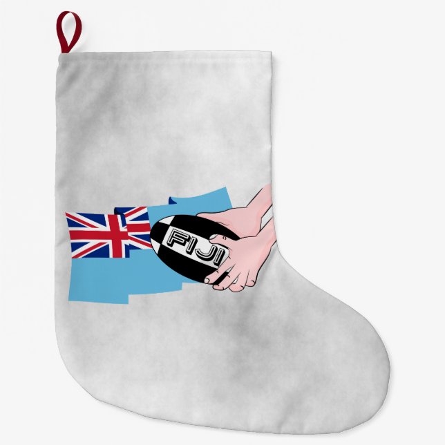 Fiji Flag Rugby Ball Pass Cartoon Hands Large Christmas Stocking (Front)