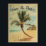 Fiji Save The Date Vintage Beach Palm Tree Announcement Postcard<br><div class="desc">This neo vintage Fiji Save The Date postcard boasts tons of charm with a cool retro mid-century style. Featuring a tropical palm tree on white sandy beach with a blue ocean and puffy clouds in a blue sky, your destination wedding will make everyone excited when they receive this vintage Fiji...</div>