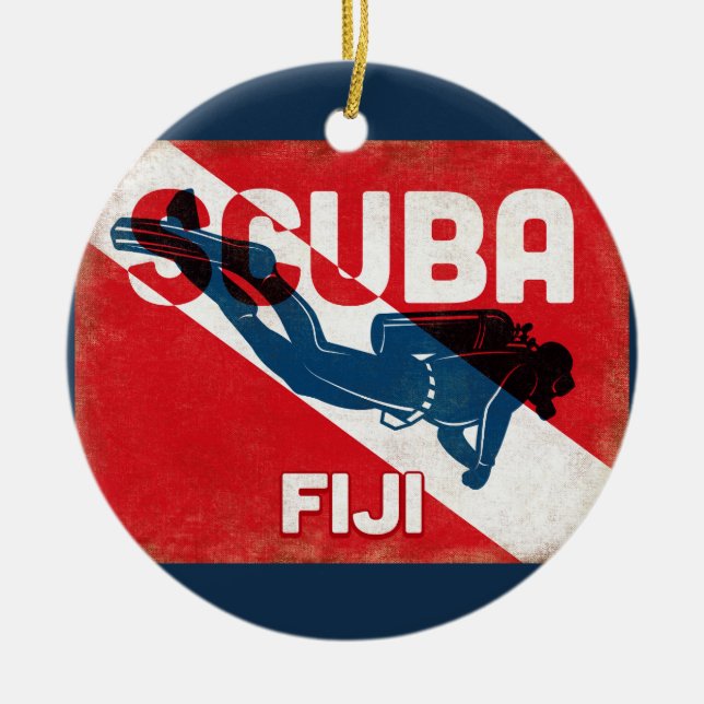 Fiji Scuba Diver - Blue Retro Ceramic Ornament (Front)
