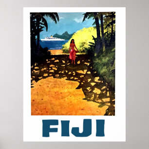 Fiji, woman on the tropic coast and tourist boat poster
