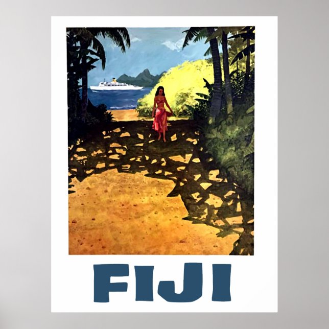 Fiji, woman on the tropic coast and tourist boat poster (Front)