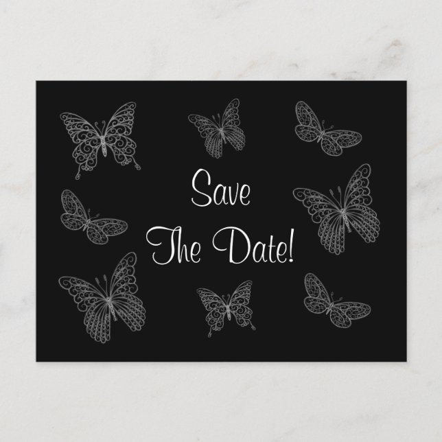 Filigree Butterfly Save the Date Postcard in Black (Front)