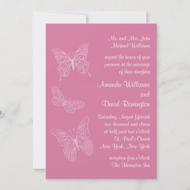 Filigree Butterfly Wedding Invitation in Pink (Front)