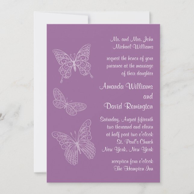 Filigree Butterfly Wedding Invitation in Purple (Front)