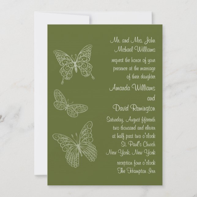 Filigree Butterfly Wedding Invitation Olive Green (Front)