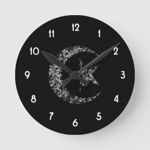 Filigree Crescent Moon and Star on Black Round Clock