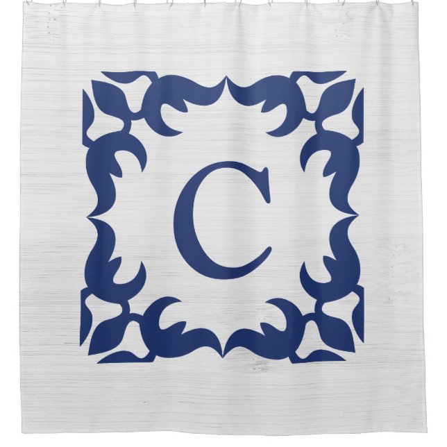 Filigree Framed Monogram in Navy Blue Shower Curtain (Front)