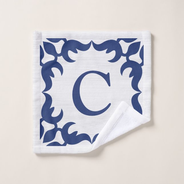 Filigree Framed Monogram in Navy Blue Wash Cloth (Wash Cloth)