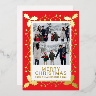 Filigree Gold Leaf Ornate 3 Photo Family Christmas Foil Holiday Card