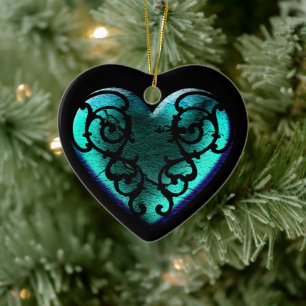 Filigree Goth Ice Blue Heart Ceramic Ornament
