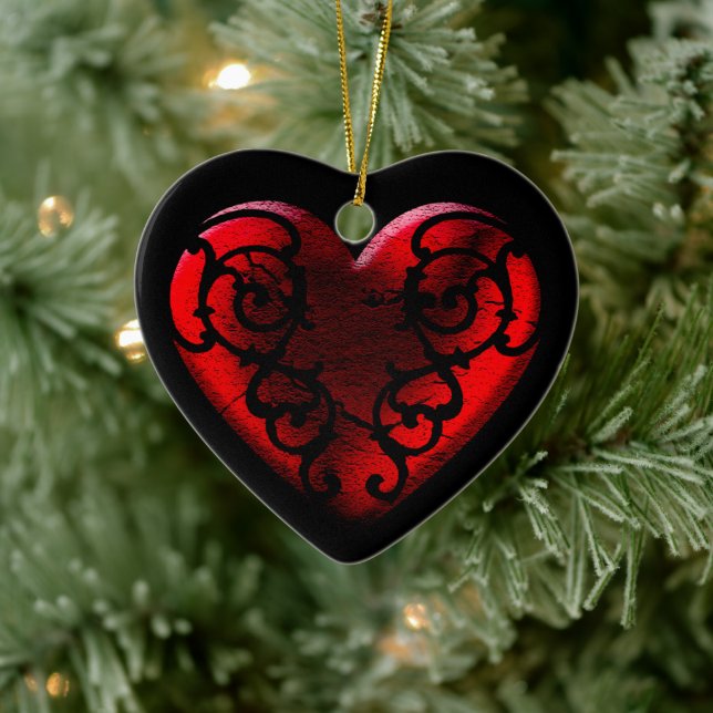 Filigree Goth Red Heart Ceramic Tree Decoration (Tree)
