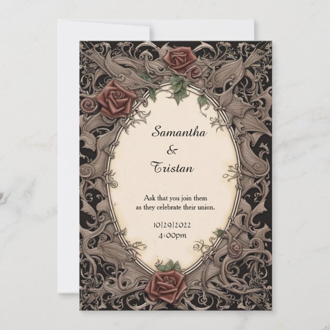Filigree Leaf Frame and Roses Goth Wedding Invitation (Front)