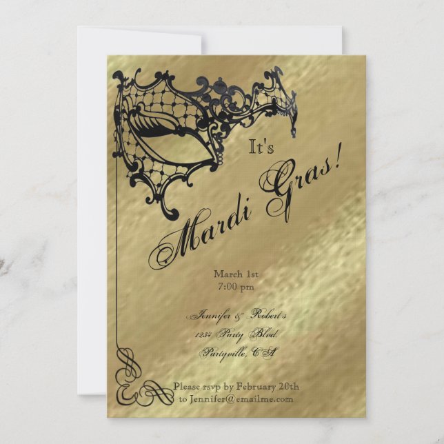 Filigree Mask on Gold Mardi Gras Party Invitation (Front)