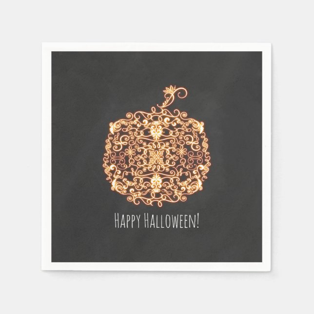 Filigree Orange Glowing Pumpkin Halloween Party Napkin (Front)