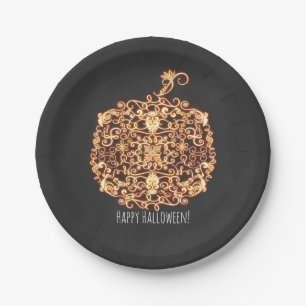 Filigree Orange Glowing Pumpkin Halloween Party Paper Plate