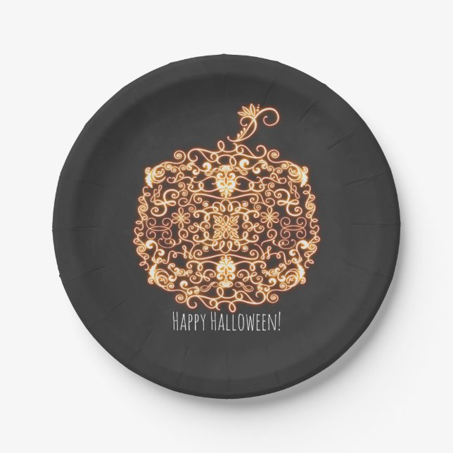 Filigree Orange Glowing Pumpkin Halloween Party Paper Plate (Front)