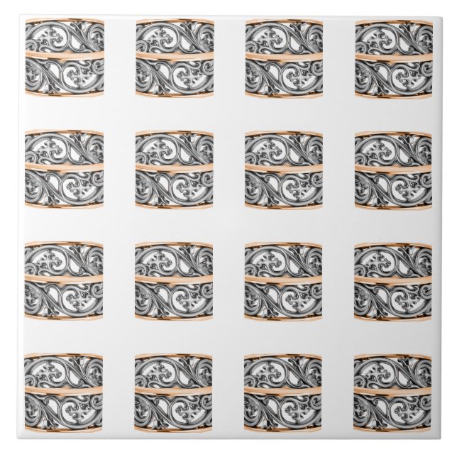 Filigree Ornamental Silver & Gold Pattern Ceramic Tile (Front)