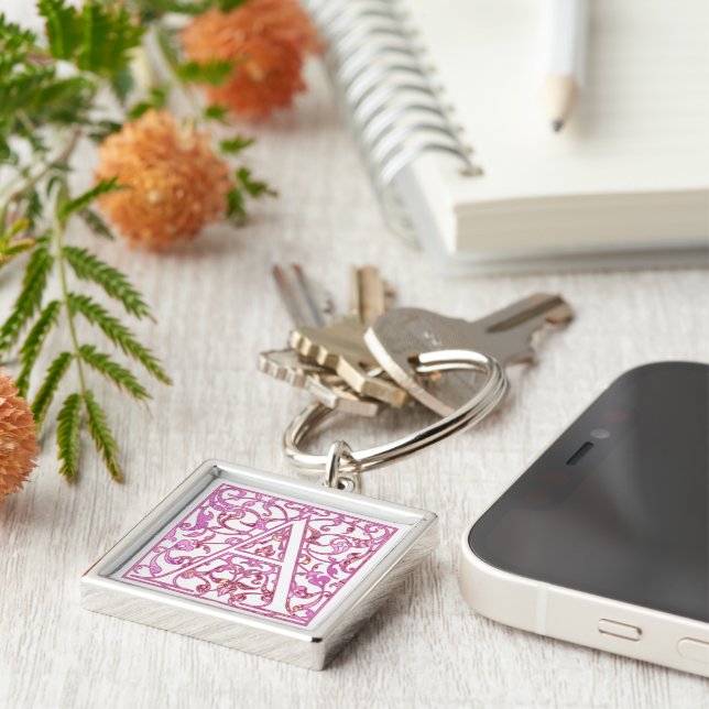 Filigree Pink A Monogram Key Ring (Side)