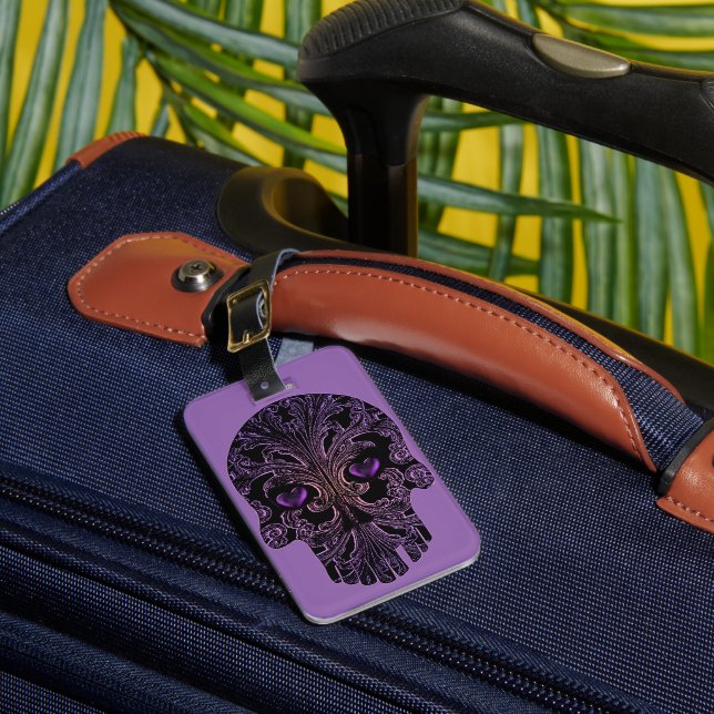 Filigree Skull in Shades of Purple Luggage Tag (Front Insitu 1)