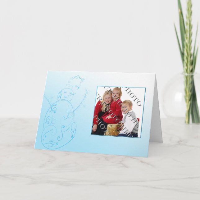 Filigree Snowman in Blue Photo Christmas Card (Front)