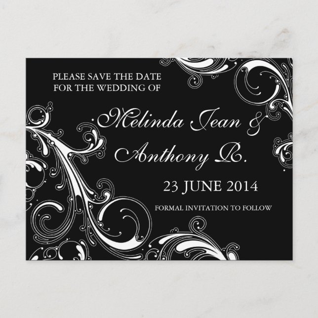 Filigree Swirl Black w/White Save the Date Announcement Postcard (Front)