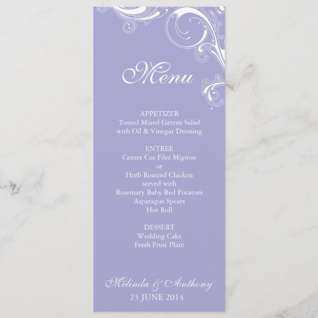 Filigree Swirl Lavender Menu (Front)