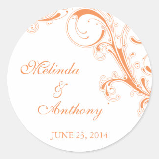 Filigree Swirl Orange Bride Groom Classic Round Sticker
