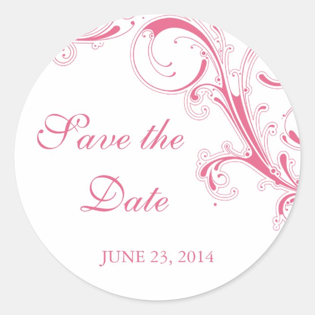 Filigree Swirl Pink Save the Date Classic Round Sticker (Front)