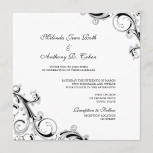 Filigree Swirl White w/Black Square Wedding Invitation