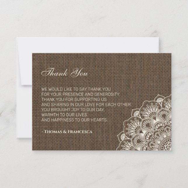 Filipiniana Lace on Burlap Wedding Thank You Card (Front)