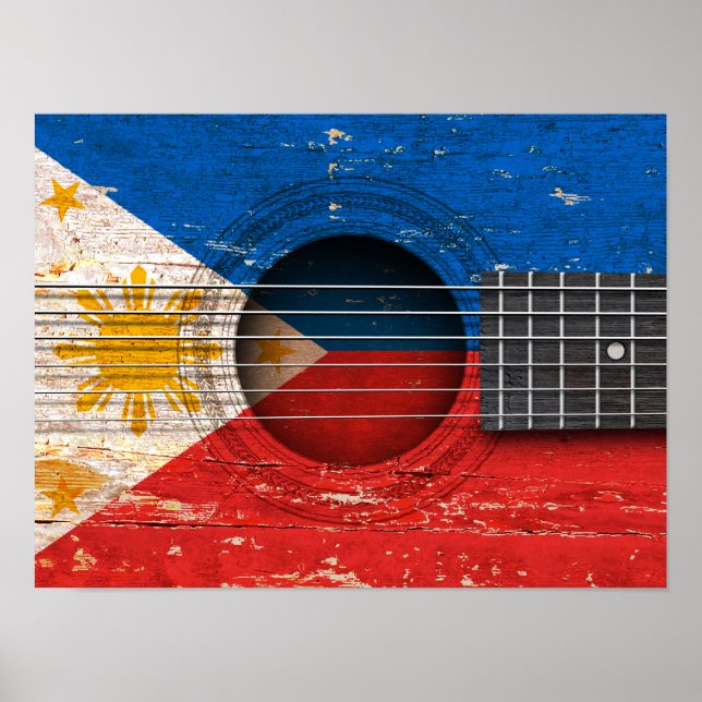 Filipino Flag on Old Acoustic Guitar Poster (Front)