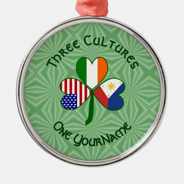 Filipino Irish American Flags Shamrock Your Name Metal Ornament (Front)