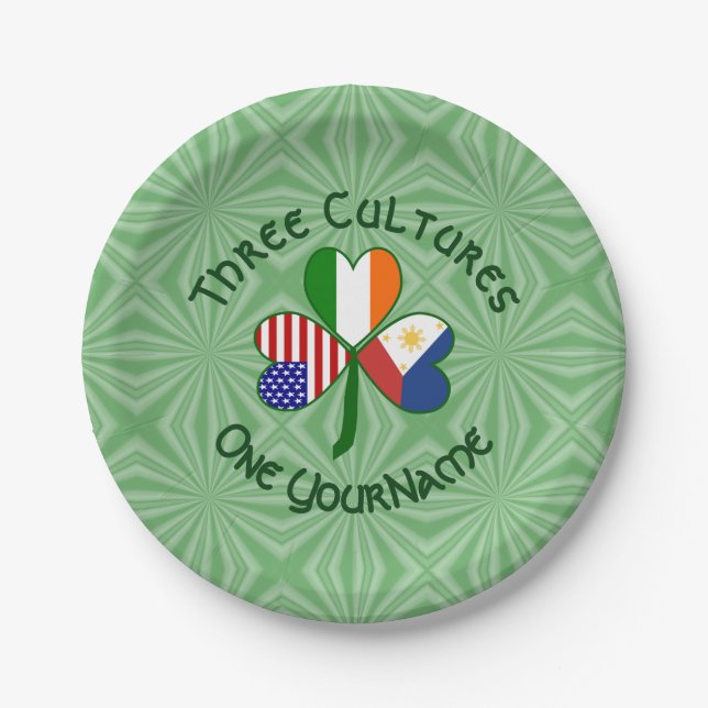 Filipino Irish USA Shamrock Flag Personalised  Paper Plate (Front)