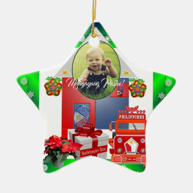 Filipino Parol, Flag, Balikbayan Box, Jeepney Ceramic Ornament (Front)